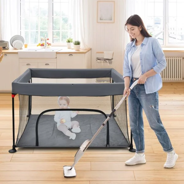 Parc Bébé Pliable 138x138cm avec Coussinets Antidérapants Centre d’Activités en Tissu Oxford avec Maille Respirante pour Enfants de 6-36 Mois Gris