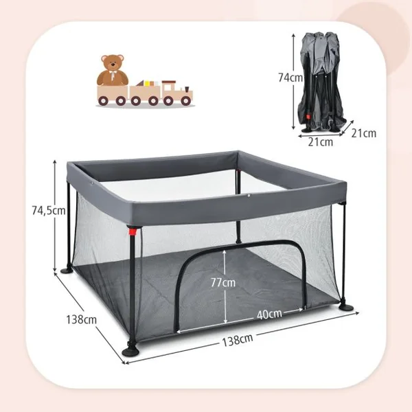 Parc Bébé Pliable 138x138cm avec Coussinets Antidérapants Centre d’Activités en Tissu Oxford avec Maille Respirante pour Enfants de 6-36 Mois Gris