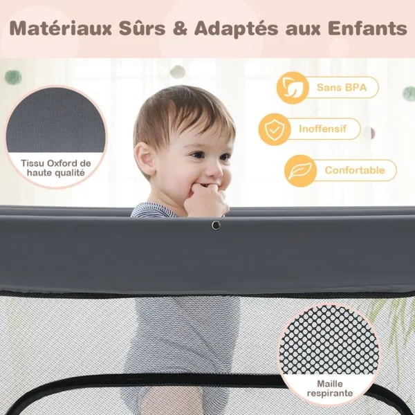 Parc Bébé Pliable 138x138cm avec Coussinets Antidérapants Centre d’Activités en Tissu Oxford avec Maille Respirante pour Enfants de 6-36 Mois Gris