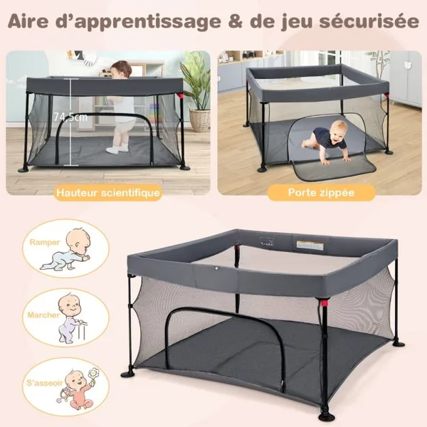 Parc Bébé Pliable 138x138cm avec Coussinets Antidérapants Centre d’Activités en Tissu Oxford avec Maille Respirante pour Enfants de 6-36 Mois Gris