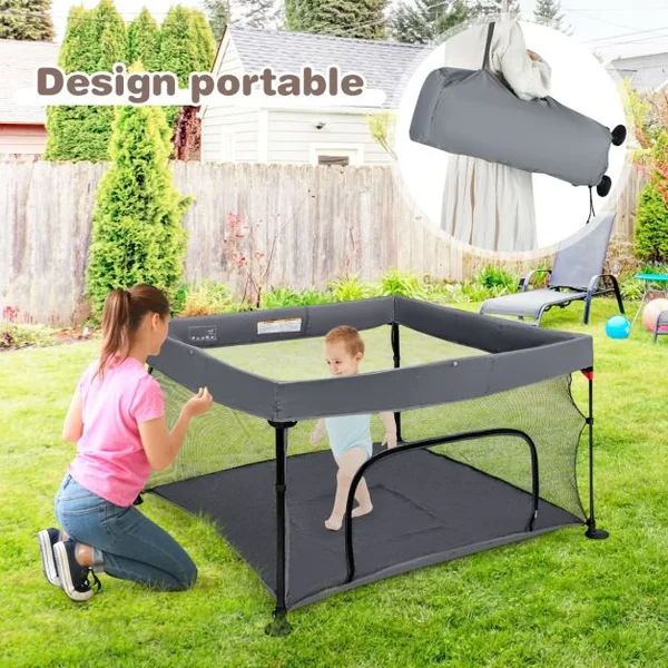 Parc Bébé Pliable 138x138cm avec Coussinets Antidérapants Centre d’Activités en Tissu Oxford avec Maille Respirante pour Enfants de 6-36 Mois Gris