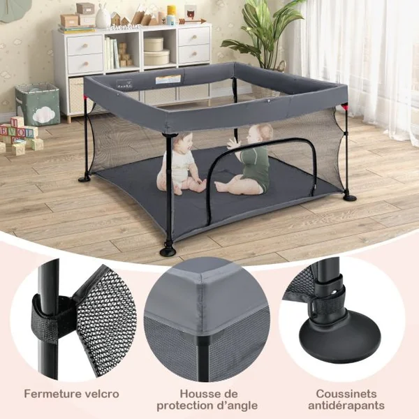 Parc Bébé Pliable 138x138cm avec Coussinets Antidérapants Centre d’Activités en Tissu Oxford avec Maille Respirante pour Enfants de 6-36 Mois Gris