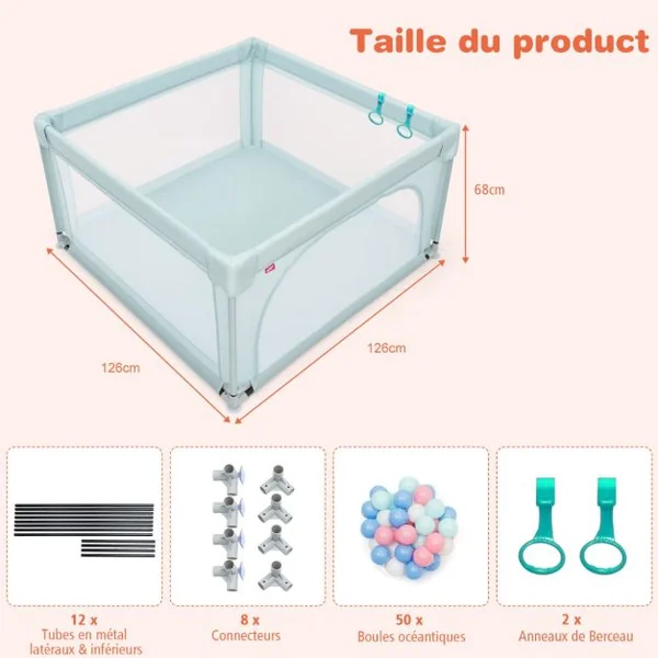 Parc Bébé Portable 120 x 120 x 68 CM avec 50 Boules Colorées Barrière de Sécurité de Enfants Pieds Antidérapantes 3 Ans + Bleu/Gris/Gris foncé/Multicoloré