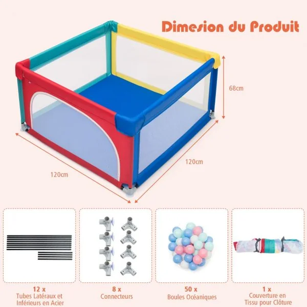 Parc Bébé Portable 120 x 120 x 68 CM avec 50 Boules Colorées Barrière de Sécurité de Enfants Pieds Antidérapantes 3 Ans + Coloré