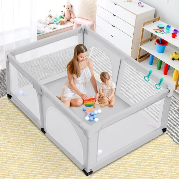 Parc Bébé Portable 120 x 190 x 69 CM aevc 50 Boules Colorées Barrière de Sécurité de Enfants Pieds Antidérapantes 3 Ans + Coloré/Gris Foncé/Gris Clair/Bleu