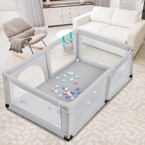 Parc Bébé Portable 120 x 190 x 69 CM aevc 50 Boules Colorées Barrière de Sécurité de Enfants Pieds Antidérapantes 3 Ans + Coloré/Gris Foncé/Gris Clair/Bleu