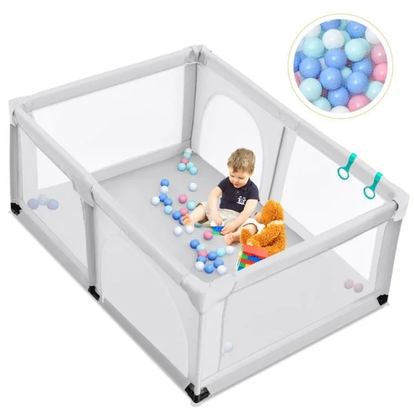 Parc Bébé Portable 120 x 190 x 69 CM aevc 50 Boules Colorées Barrière de Sécurité de Enfants Pieds Antidérapantes 3 Ans + Coloré/Gris Foncé/Gris Clair/Bleu