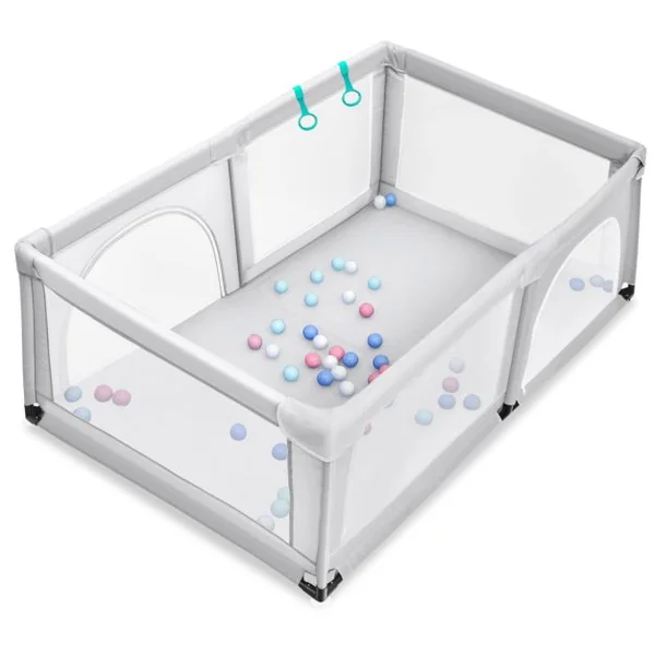 Parc Bébé Portable 120 x 190 x 69 CM aevc 50 Boules Colorées Barrière de Sécurité de Enfants Pieds Antidérapantes 3 Ans + Coloré/Gris Foncé/Gris Clair/Bleu