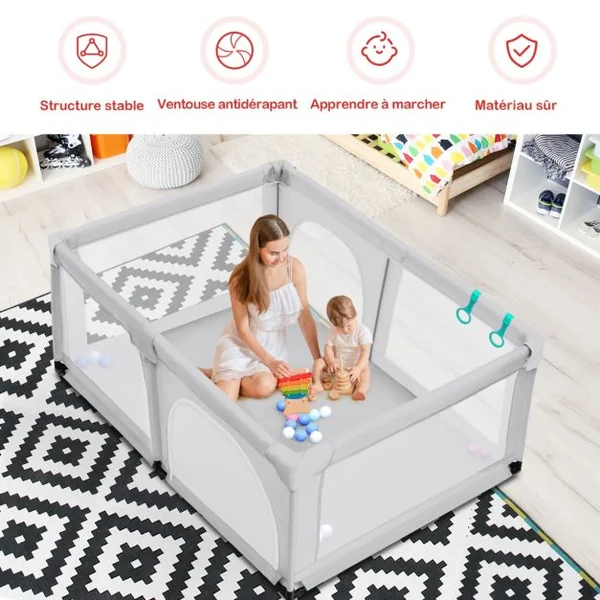 Parc Bébé Portable 120 x 190 x 69 CM aevc 50 Boules Colorées Barrière de Sécurité de Enfants Pieds Antidérapantes 3 Ans + Coloré/Gris Foncé/Gris Clair/Bleu