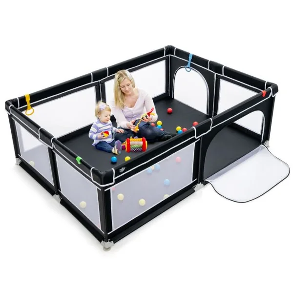 Parc de Jeu Bébé 206 x 147,5 x 68,5 cm avec 4 Poignées 50 Balles pour Piscine, Porte de Sécurité Ventouses Antidérapantes Noir