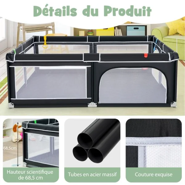Parc de Jeu Bébé 206 x 147,5 x 68,5 cm avec 4 Poignées 50 Balles pour Piscine, Porte de Sécurité Ventouses Antidérapantes Noir