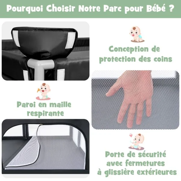 Parc de Jeu Bébé 206 x 147,5 x 68,5 cm avec 4 Poignées 50 Balles pour Piscine, Porte de Sécurité Ventouses Antidérapantes Noir