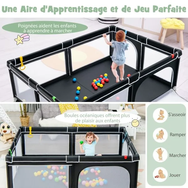 Parc de Jeu Bébé 206 x 147,5 x 68,5 cm avec 4 Poignées 50 Balles pour Piscine, Porte de Sécurité Ventouses Antidérapantes Noir