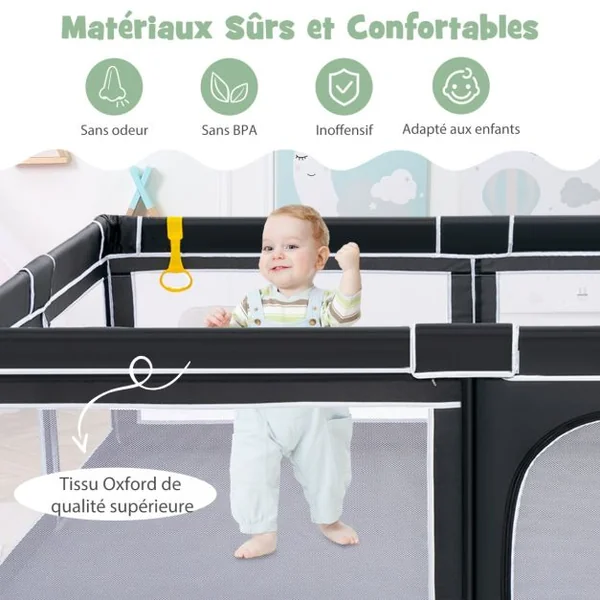 Parc de Jeu Bébé 206 x 147,5 x 68,5 cm avec 4 Poignées 50 Balles pour Piscine, Porte de Sécurité Ventouses Antidérapantes Noir