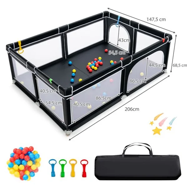 Parc de Jeu Bébé 206 x 147,5 x 68,5 cm avec 4 Poignées 50 Balles pour Piscine, Porte de Sécurité Ventouses Antidérapantes Noir