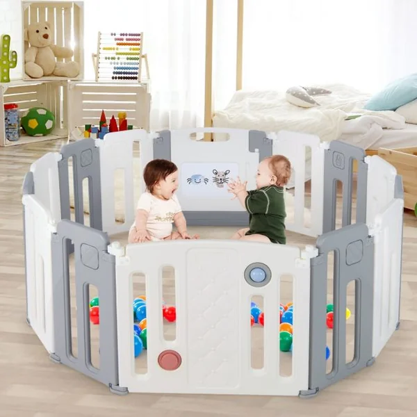 Parc de Sécurité pour Bébé 12 + 2 Panneaux pour Enfants avec Barrière de Sécurité Panneau de Jeux Tableau Beige Gris