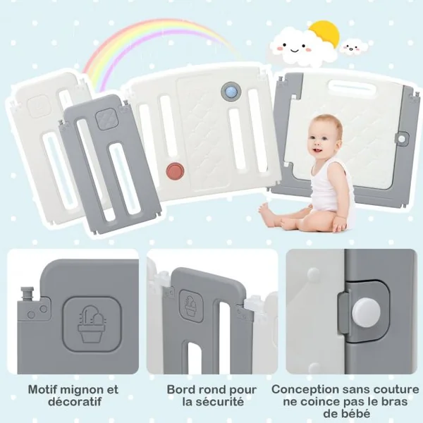 Parc de Sécurité pour Bébé 12 + 2 Panneaux pour Enfants avec Barrière de Sécurité Panneau de Jeux Tableau Beige Gris