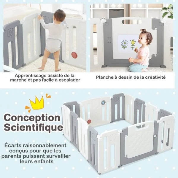 Parc de Sécurité pour Bébé 12 + 2 Panneaux pour Enfants avec Barrière de Sécurité Panneau de Jeux Tableau Beige Gris