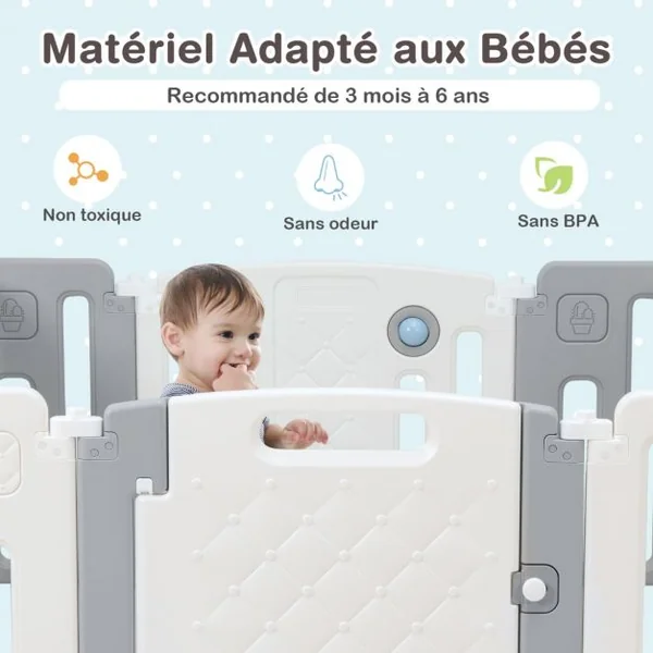 Parc de Sécurité pour Bébé 12 + 2 Panneaux pour Enfants avec Barrière de Sécurité Panneau de Jeux Tableau Beige Gris
