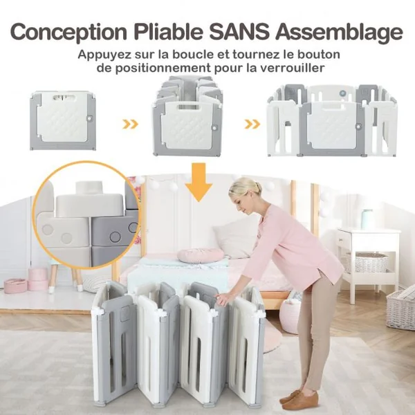 Parc de Sécurité pour Bébé 12 + 2 Panneaux pour Enfants avec Barrière de Sécurité Panneau de Jeux Tableau Beige Gris
