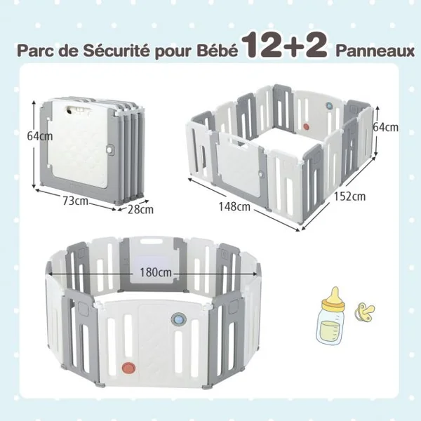 Parc de Sécurité pour Bébé 12 + 2 Panneaux pour Enfants avec Barrière de Sécurité Panneau de Jeux Tableau Beige Gris