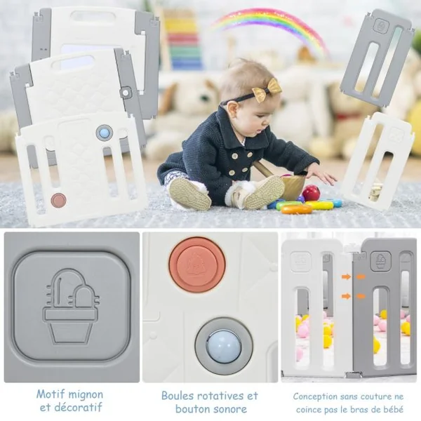 Parc de Sécurité pour Bébé 14 + 2 Panneaux avec Barrière de Sécurité Parc de Jeux pour l'intérieur et l'extérieur Beige + Gris