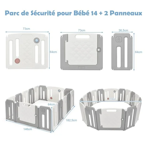 Parc de Sécurité pour Bébé 14 + 2 Panneaux avec Barrière de Sécurité Parc de Jeux pour l'intérieur et l'extérieur Beige + Gris