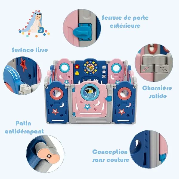 Parc pour Bébé 14 Panneaux en HDPE Centre d'Activité pour Bébé avec Verrou de Sécurité Jouets Educatifs pour Enfants 6-36 mois