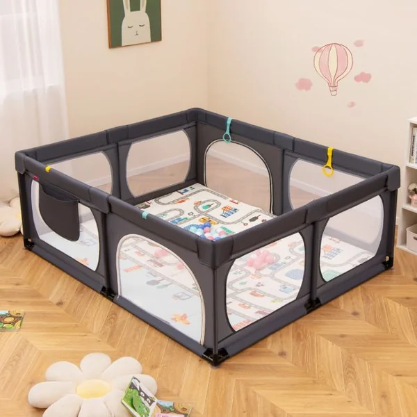 Parc pour Bébé 189x158cm Tapis 4 Anneaux de Traction 50 Balles Océaniques Maille Respirante Poche pour 0-3 Ans Gris Clair/Gris Foncé