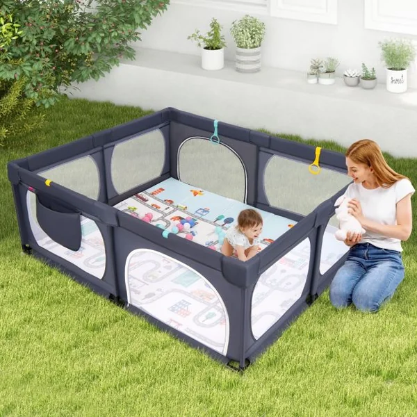 Parc pour Bébé 189x158cm Tapis 4 Anneaux de Traction 50 Balles Océaniques Maille Respirante Poche pour 0-3 Ans Gris Clair/Gris Foncé