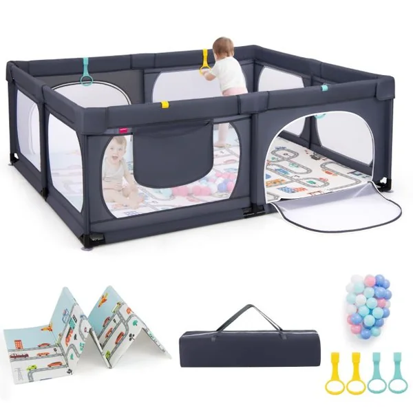 Parc pour Bébé 189x158cm Tapis 4 Anneaux de Traction 50 Balles Océaniques Maille Respirante Poche pour 0-3 Ans Gris Clair/Gris Foncé