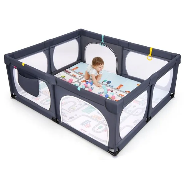 Parc pour Bébé 189x158cm Tapis 4 Anneaux de Traction 50 Balles Océaniques Maille Respirante Poche pour 0-3 Ans Gris Clair/Gris Foncé