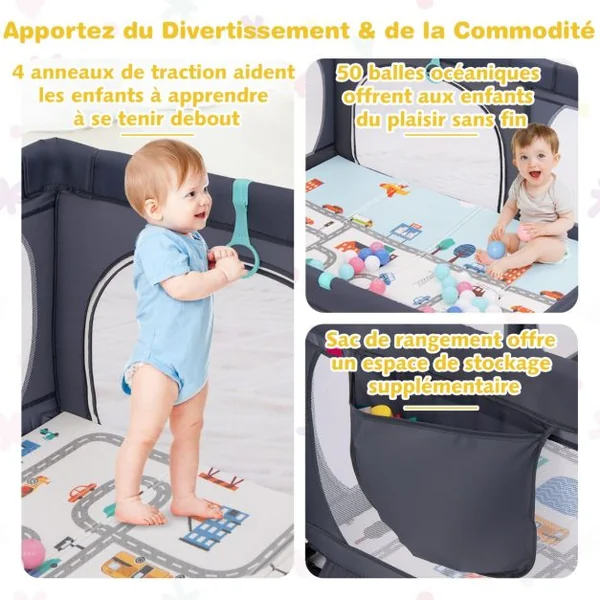 Parc pour Bébé 189x158cm Tapis 4 Anneaux de Traction 50 Balles Océaniques Maille Respirante Poche pour 0-3 Ans Gris Clair/Gris Foncé