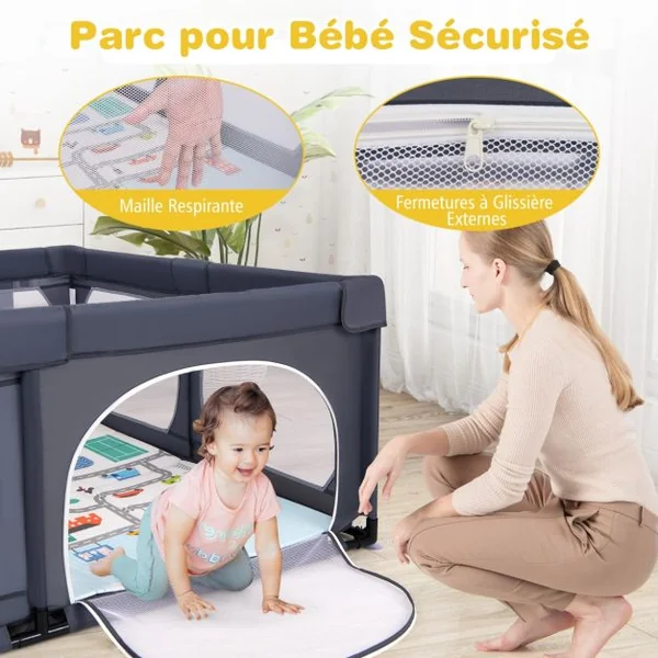 Parc pour Bébé 189x158cm Tapis 4 Anneaux de Traction 50 Balles Océaniques Maille Respirante Poche pour 0-3 Ans Gris Clair/Gris Foncé