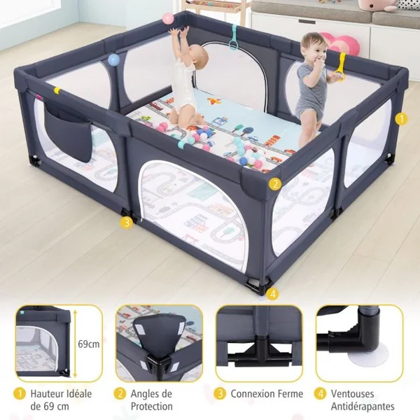 Parc pour Bébé 189x158cm Tapis 4 Anneaux de Traction 50 Balles Océaniques Maille Respirante Poche pour 0-3 Ans Gris Clair/Gris Foncé