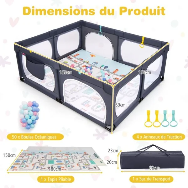 Parc pour Bébé 189x158cm Tapis 4 Anneaux de Traction 50 Balles Océaniques Maille Respirante Poche pour 0-3 Ans Gris Clair/Gris Foncé