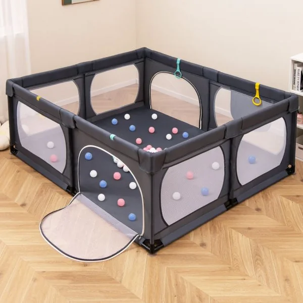 Parc pour Bébé avec 4 Anneaux de Traction&50 Balles d'Océan Porte à Fermeture Éclair 190x158cm Centre d'Activités Amusant pour 0-3 Ans Gris Foncé