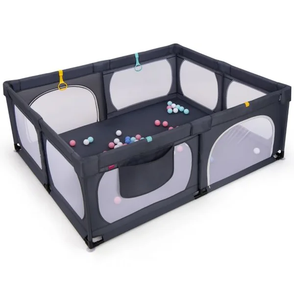 Parc pour Bébé avec 4 Anneaux de Traction&50 Balles d'Océan Porte à Fermeture Éclair 190x158cm Centre d'Activités Amusant pour 0-3 Ans Gris Foncé