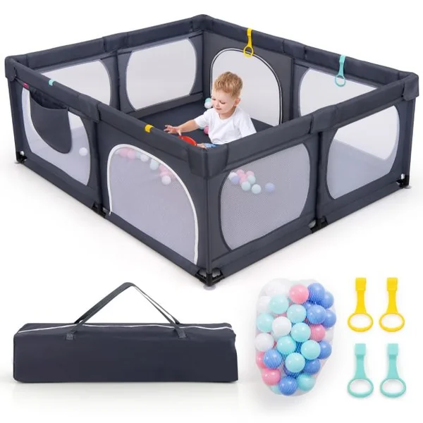 Parc pour Bébé avec 4 Anneaux de Traction&50 Balles d'Océan Porte à Fermeture Éclair 190x158cm Centre d'Activités Amusant pour 0-3 Ans Gris Foncé