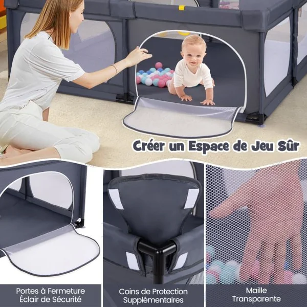 Parc pour Bébé avec 4 Anneaux de Traction&50 Balles d'Océan Porte à Fermeture Éclair 190x158cm Centre d'Activités Amusant pour 0-3 Ans Gris Foncé