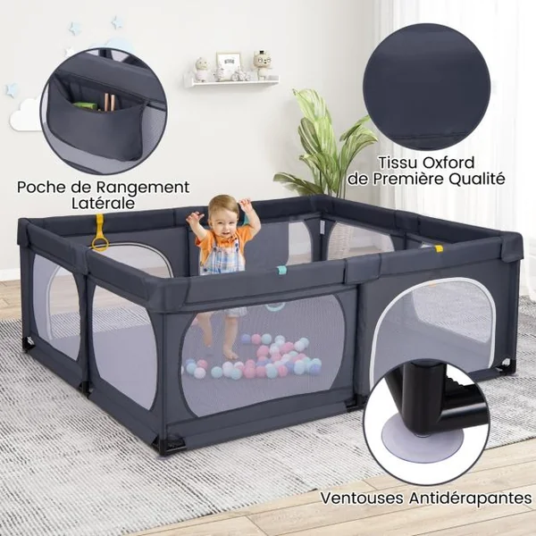 Parc pour Bébé avec 4 Anneaux de Traction&50 Balles d'Océan Porte à Fermeture Éclair 190x158cm Centre d'Activités Amusant pour 0-3 Ans Gris Foncé