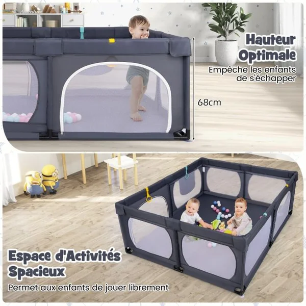 Parc pour Bébé avec 4 Anneaux de Traction&50 Balles d'Océan Porte à Fermeture Éclair 190x158cm Centre d'Activités Amusant pour 0-3 Ans Gris Foncé