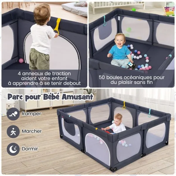 Parc pour Bébé avec 4 Anneaux de Traction&50 Balles d'Océan Porte à Fermeture Éclair 190x158cm Centre d'Activités Amusant pour 0-3 Ans Gris Foncé