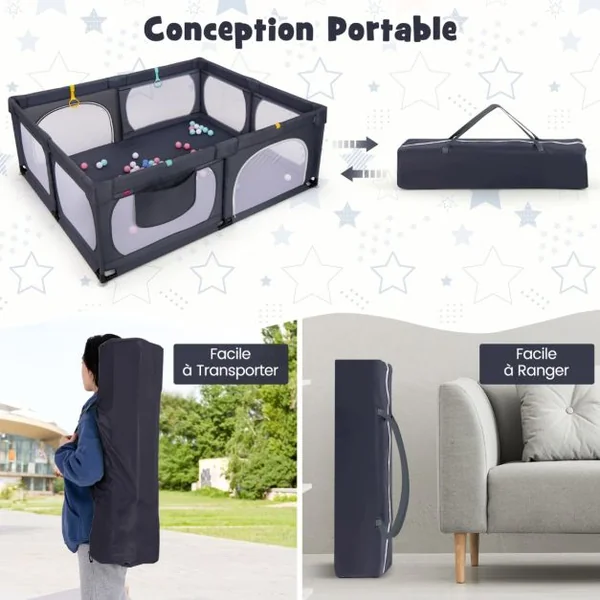 Parc pour Bébé avec 4 Anneaux de Traction&50 Balles d'Océan Porte à Fermeture Éclair 190x158cm Centre d'Activités Amusant pour 0-3 Ans Gris Foncé