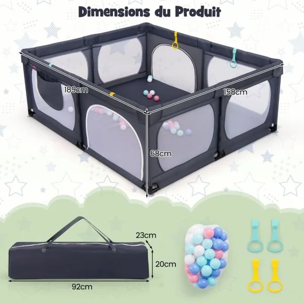 Parc pour Bébé avec 4 Anneaux de Traction&50 Balles d'Océan Porte à Fermeture Éclair 190x158cm Centre d'Activités Amusant pour 0-3 Ans Gris Foncé