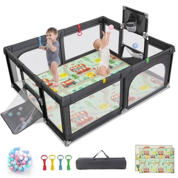 Parc pour Bébé avec Tapis Centre d'Activités Intérieure Extérieure avec Panier de Basket Filets de Football Anneaux de Traction Sac de Transport Gris Foncé