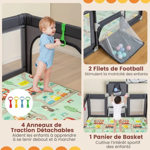 Parc pour Bébé avec Tapis Centre d'Activités Intérieure Extérieure avec Panier de Basket Filets de Football Anneaux de Traction Sac de Transport Gris Foncé