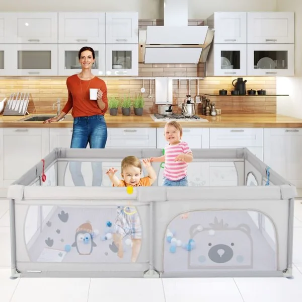Parc pour Bébé Clôture avec Maille Respirante Sac de Rangement Ventouses Grande Porte à Fermeture Éclair 206×147×68,5cm Gris
