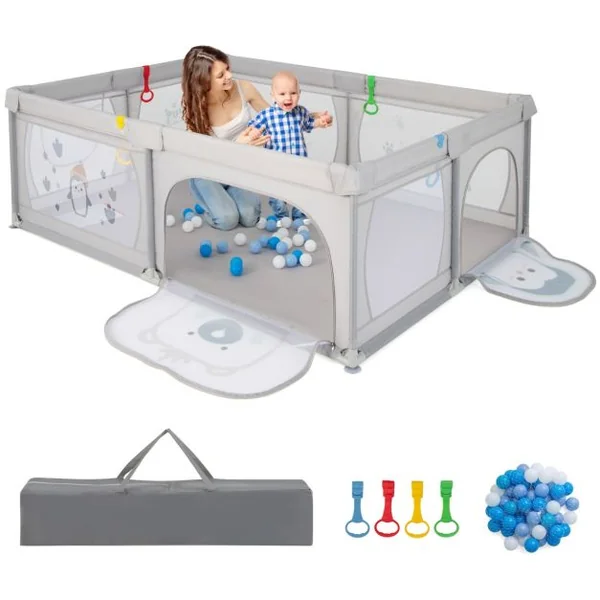 Parc pour Bébé Clôture avec Maille Respirante Sac de Rangement Ventouses Grande Porte à Fermeture Éclair 206×147×68,5cm Gris