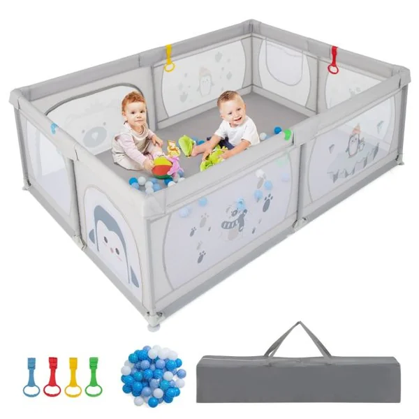 Parc pour Bébé Clôture avec Maille Respirante Sac de Rangement Ventouses Grande Porte à Fermeture Éclair 206×147×68,5cm Gris